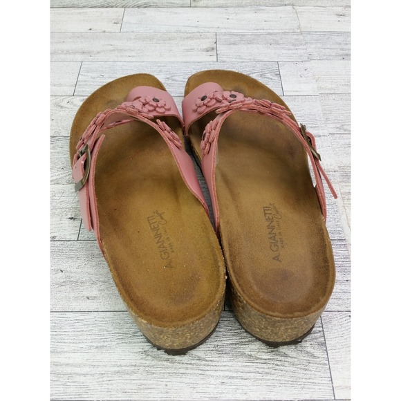 Women's A. Giannetti Sandals Size 7.5 Pink Brown Leather Flowers Floral Shoes - Picture 12 of 12